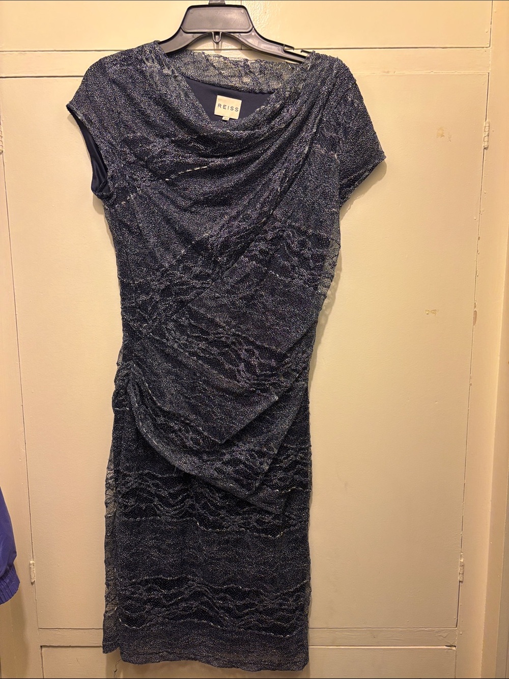 Reiss Navy Textured Draped Midi Dress with Cowl Neck